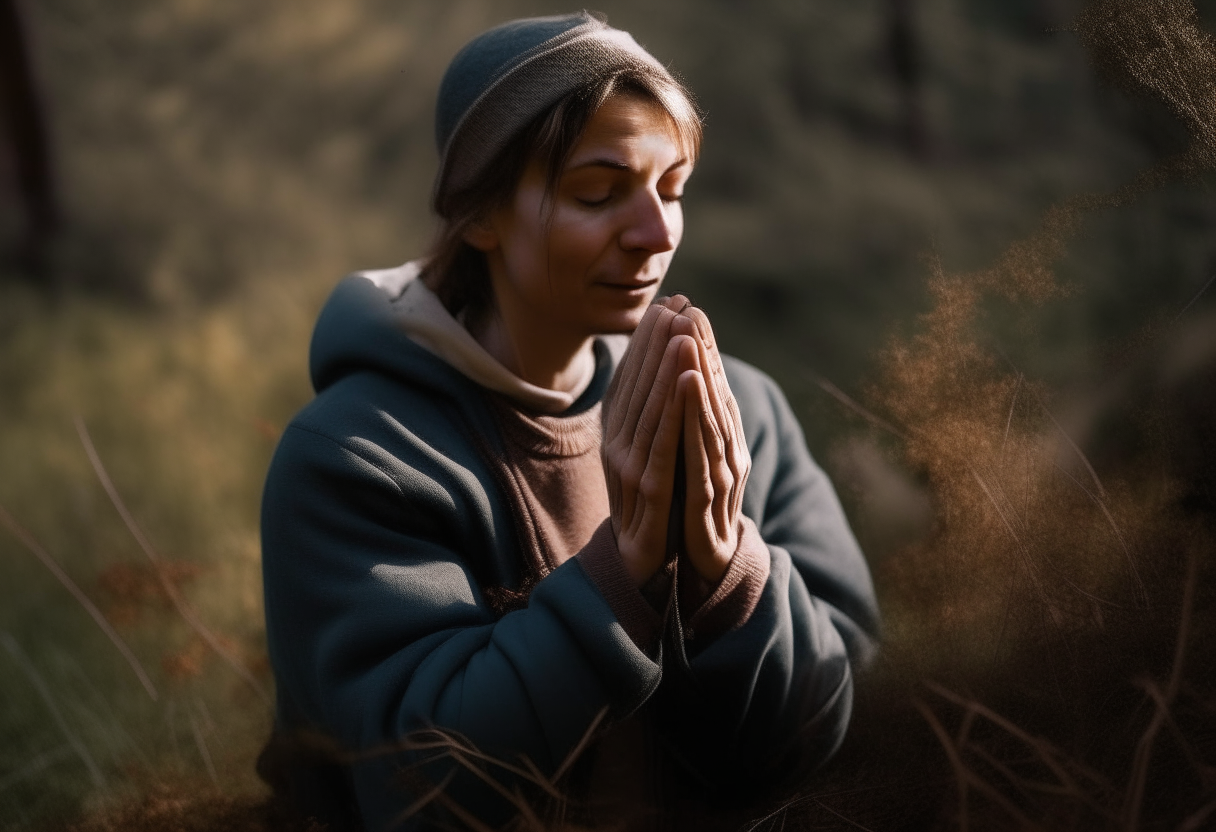Create an image of a person in a frenzy with folded hands praying in nature