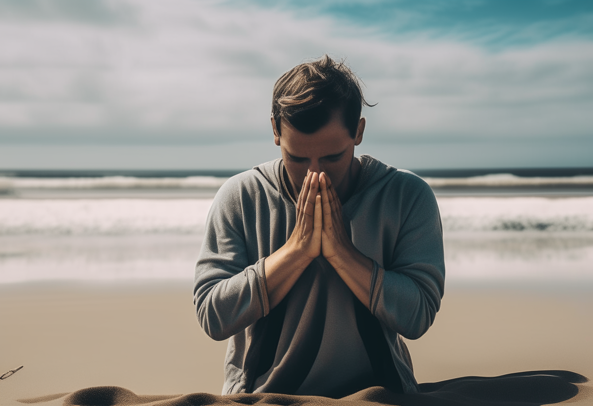 Create an image of a person in a frenzy with folded hands praying on the beach