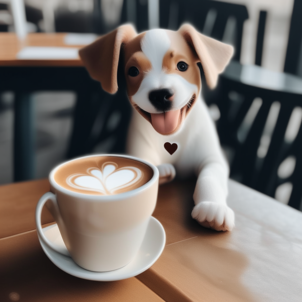 a happy puppy drinking a latte with heart-shaped foam art in a cup on a table