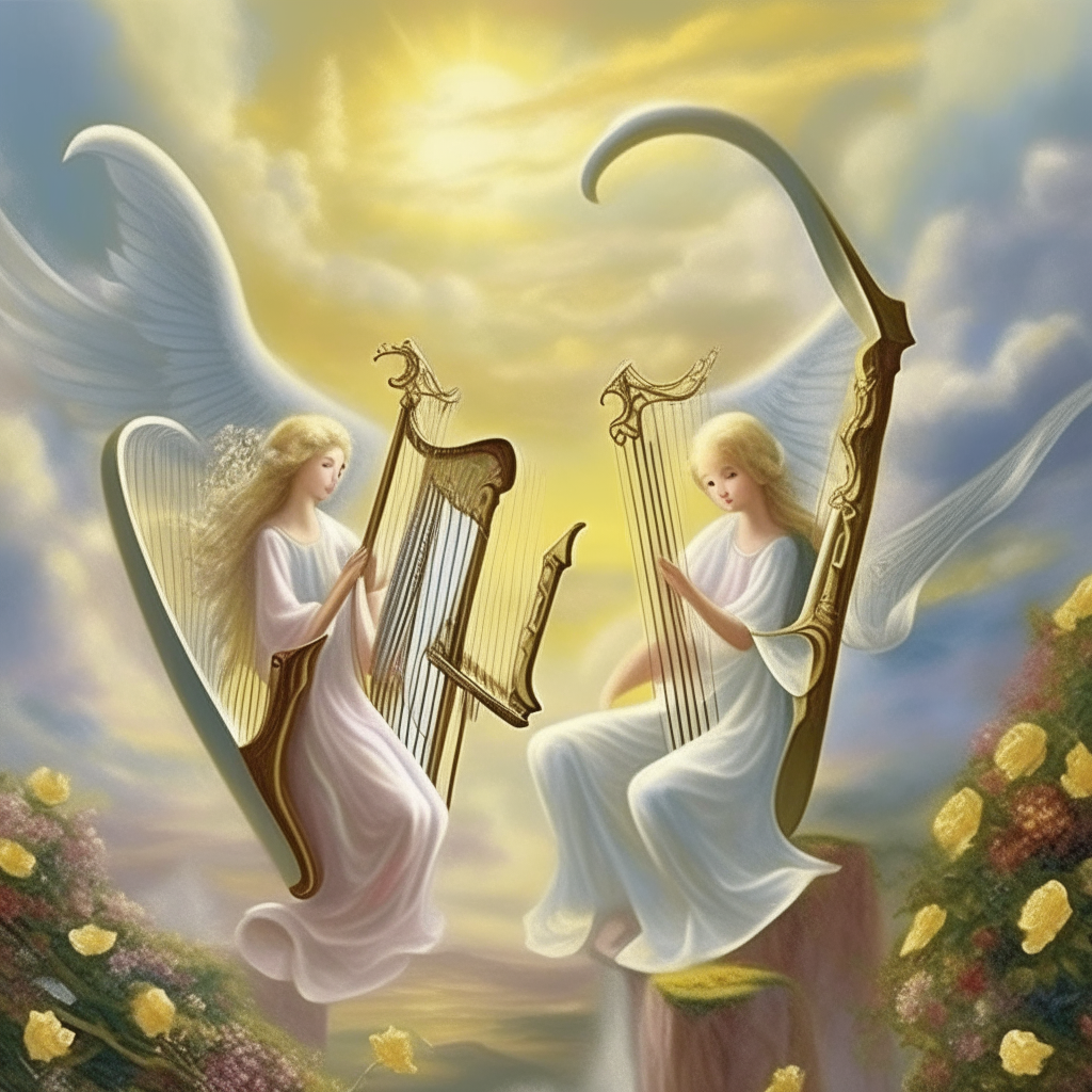 A peaceful heavenly landscape with fluffy clouds and angels playing harps