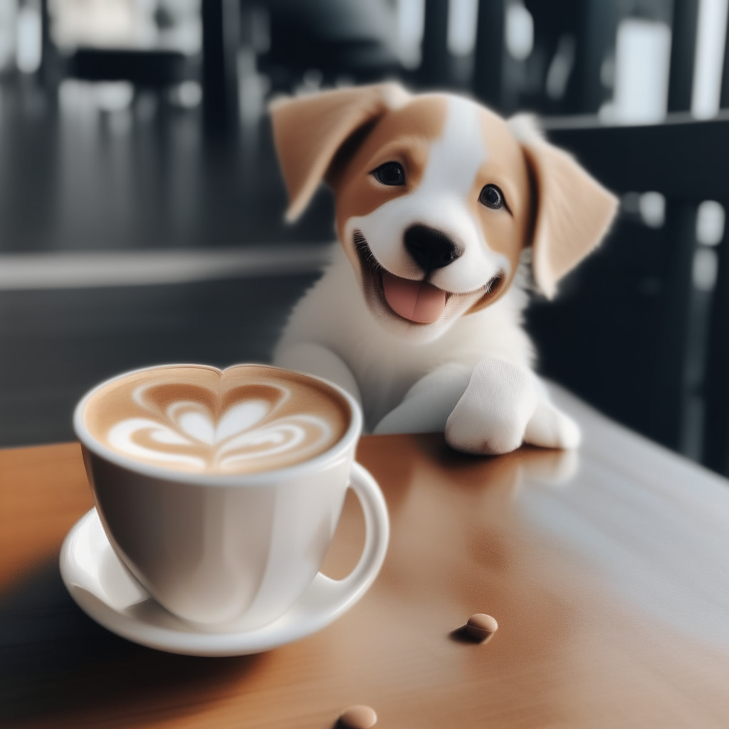 a happy puppy drinking a latte with heart-shaped foam art in a cup on a table