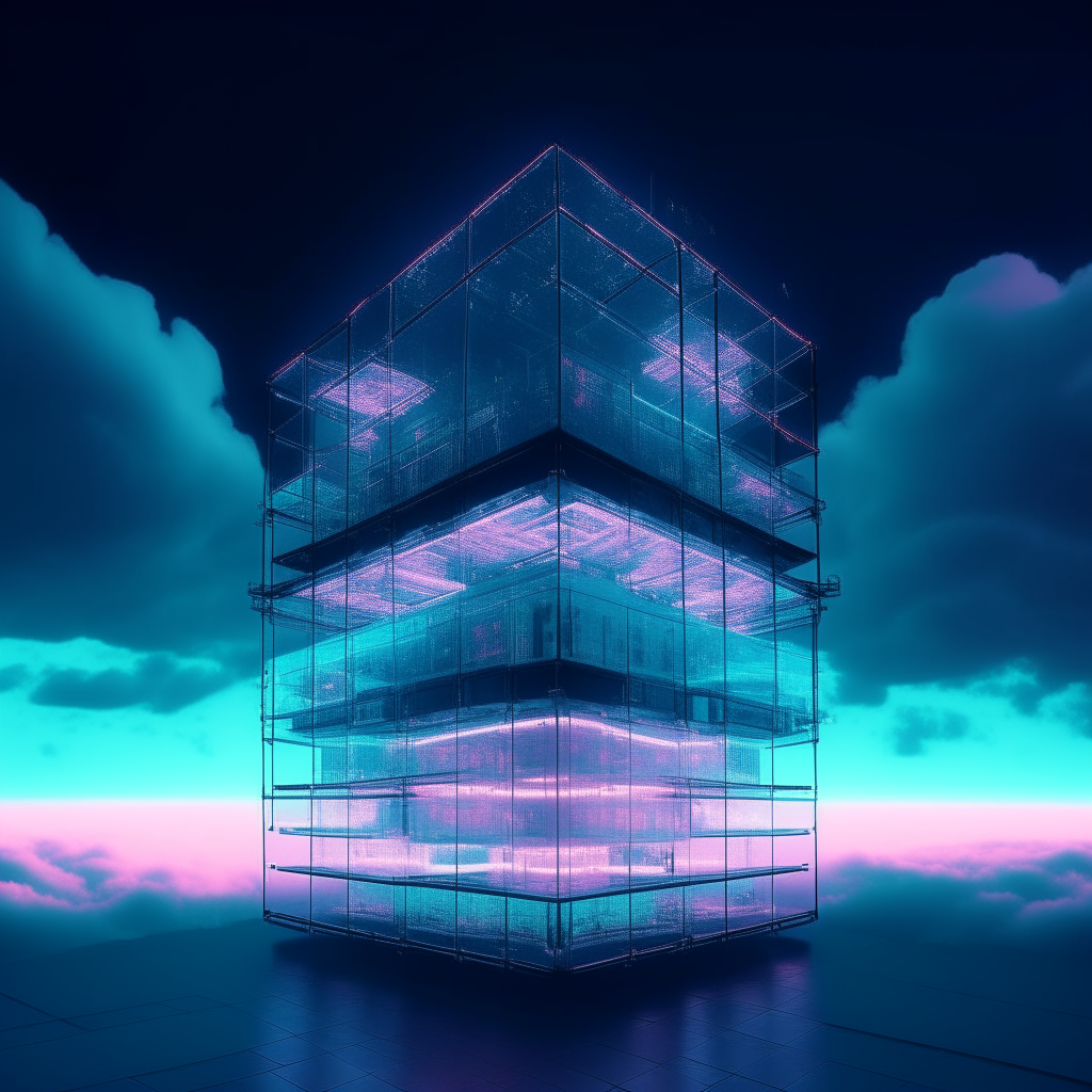 A futuristic rectangular building floating above the clouds, made of glass, steel and neon lights