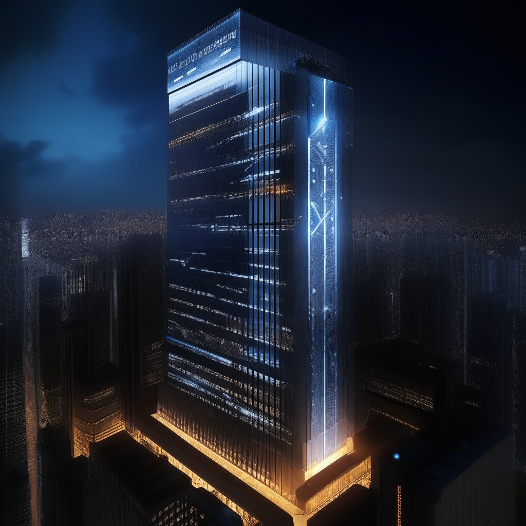 A futuristic rectangular skyscraper rising from a city at night, with geometric patterns of lights along its steel frame