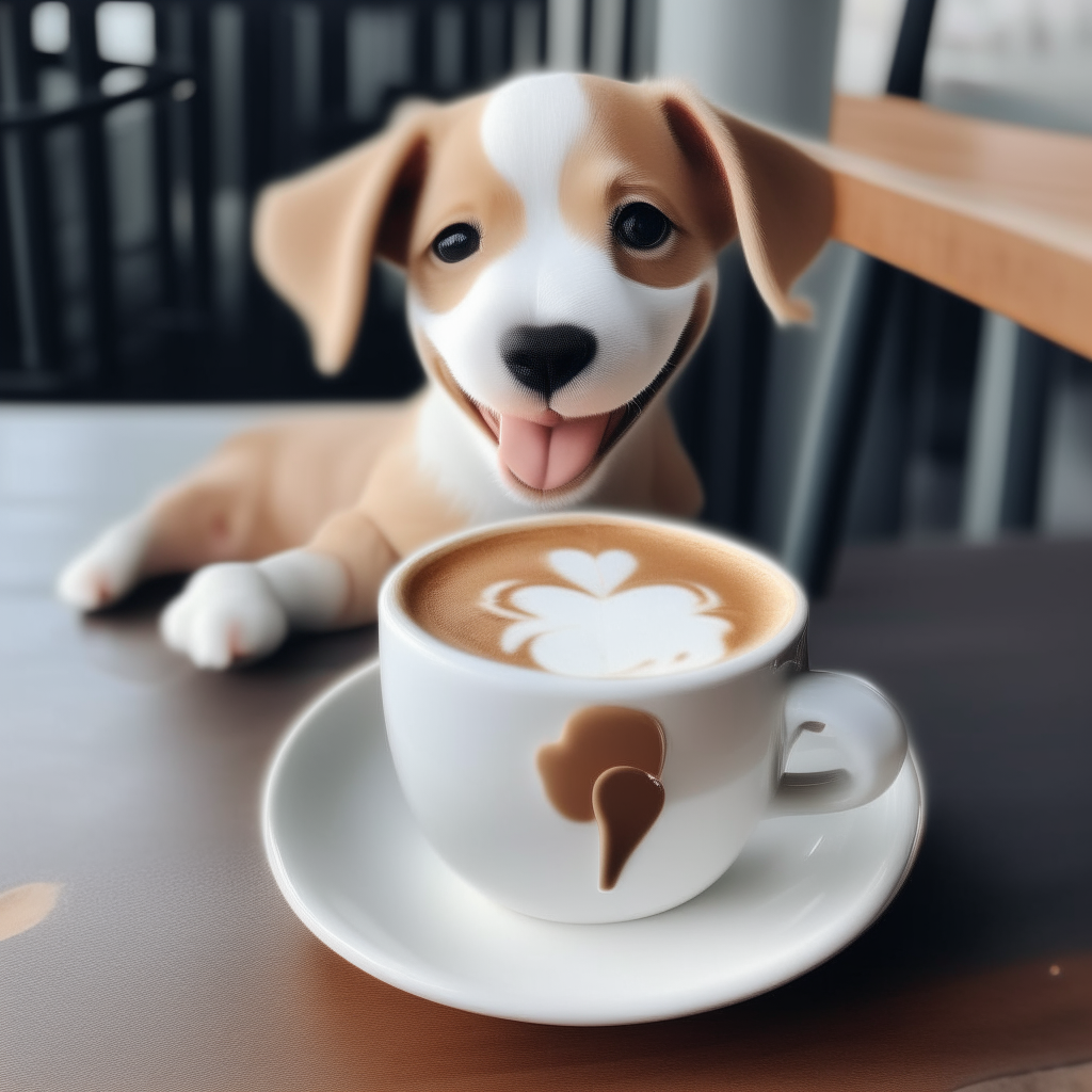 a happy puppy drinking a latte with heart-shaped foam art in a cup on a table