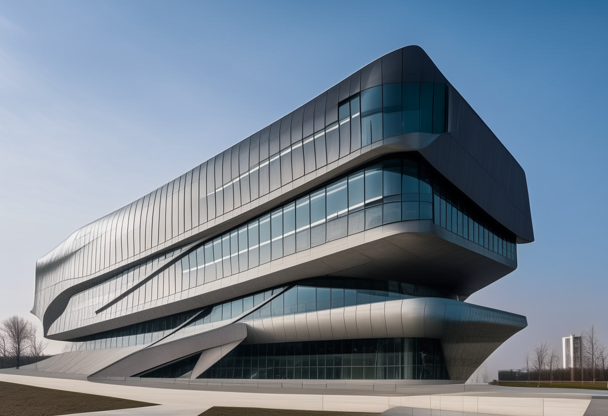 a sleek futuristic building in the shape of a long horizontal rectangle, with large windows and a metallic exterior