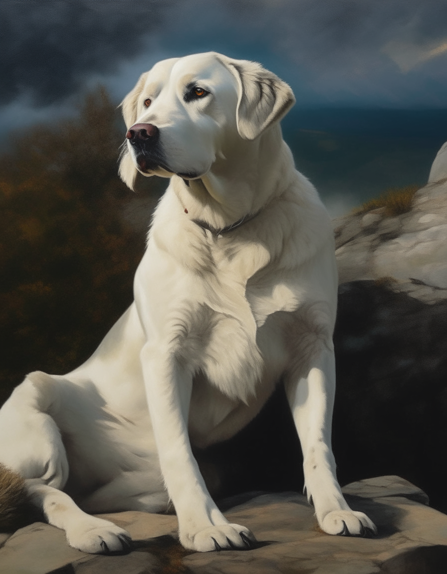 a large white dog sitting on top of a rock, painted in the style of oil on canvas