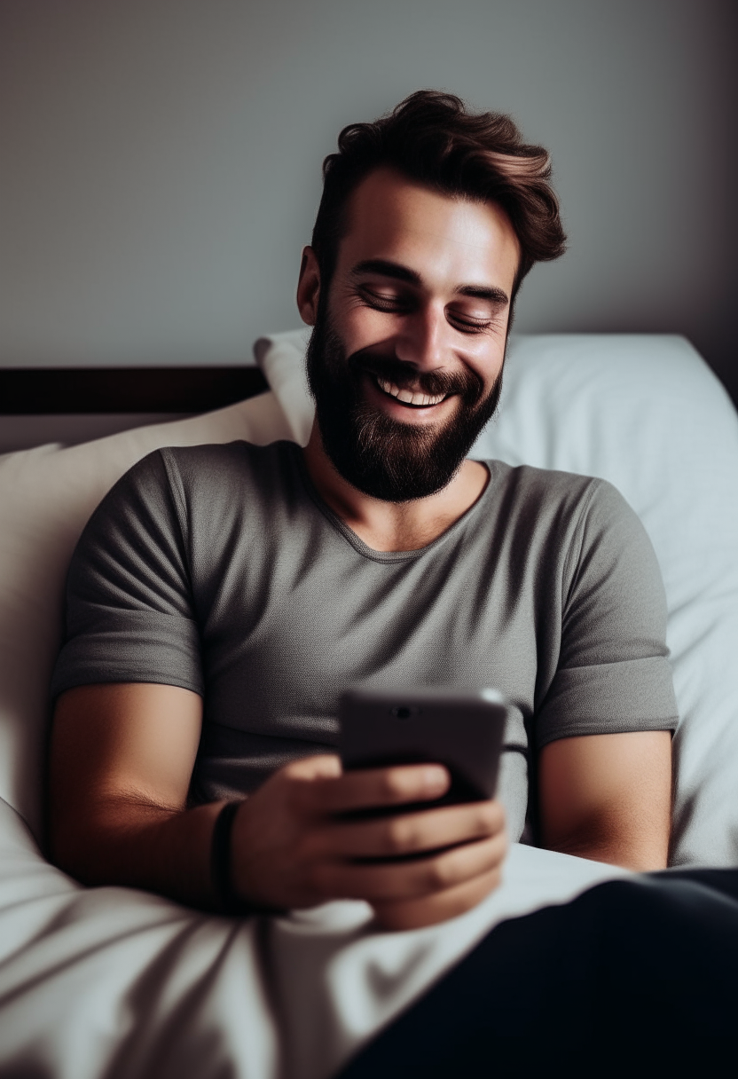 a man in his bed, looking at his phone. But this time, he looks happy and confident.