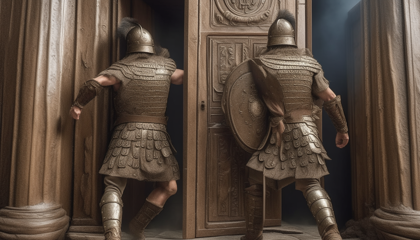 Two Roman soldiers wearing armor and carrying gladius swords approach an ornate wooden door. They raise their boots and kick repeatedly, cracking the door until it bursts open in a cloud of dust.