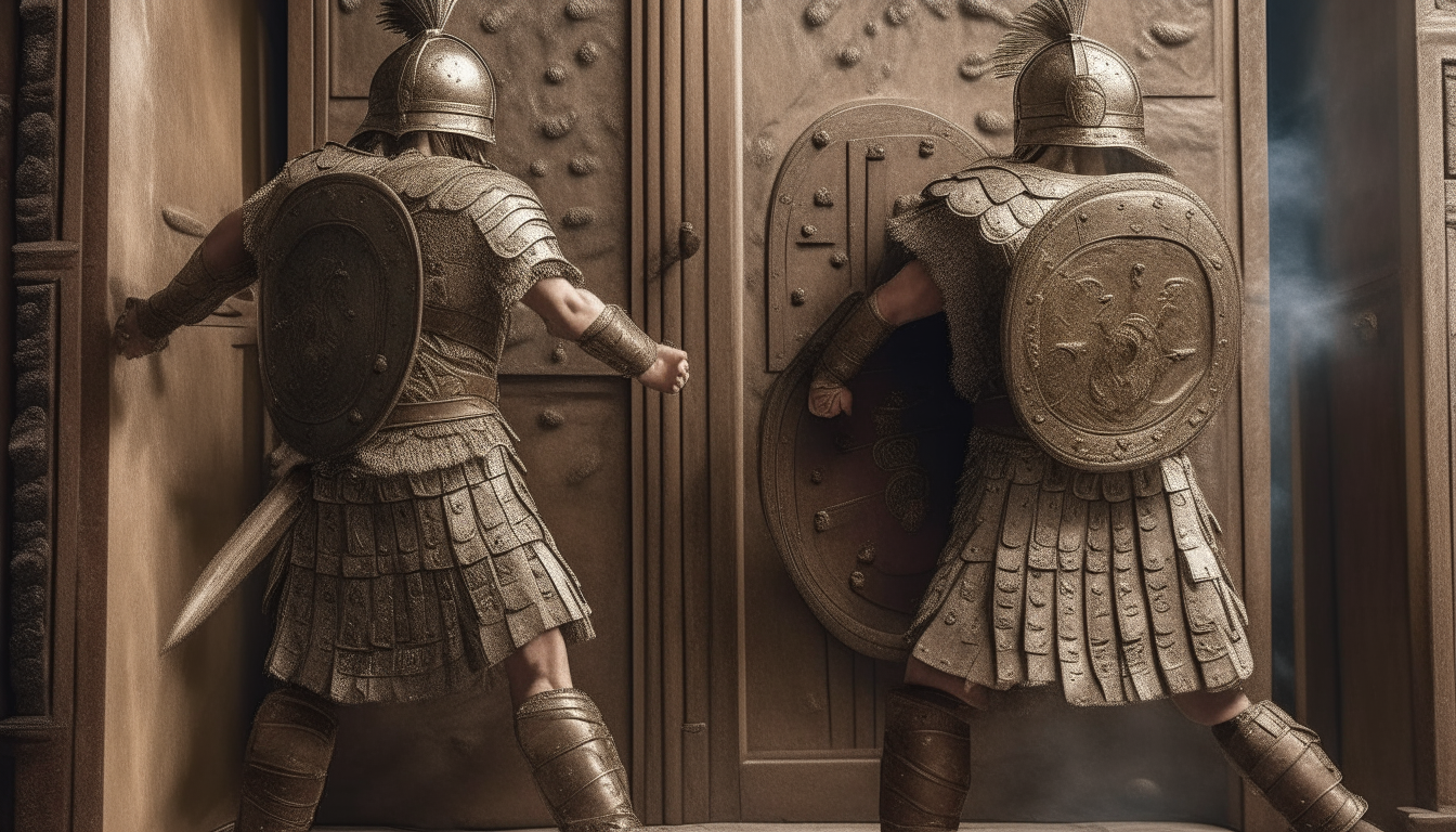 Two Roman soldiers wearing armor and carrying gladius swords approach an ornate wooden door. They raise their boots and kick repeatedly, cracking the door until it bursts open in a cloud of dust.