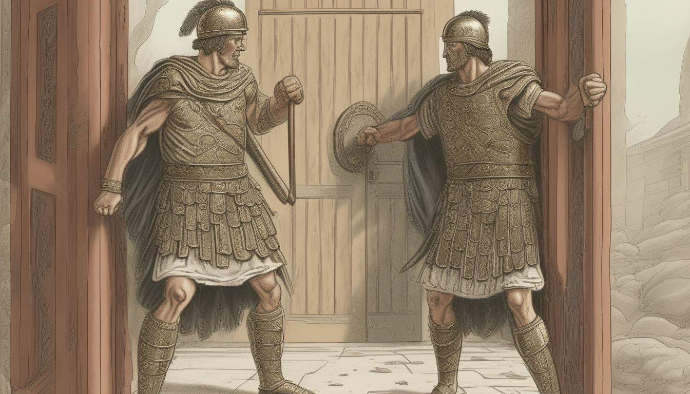 Two Roman men with tunic and mantle carrying gladius swords approach an ornate wooden door. They raise their boots and kick repeatedly, cracking the door until it bursts open in a cloud of dust.