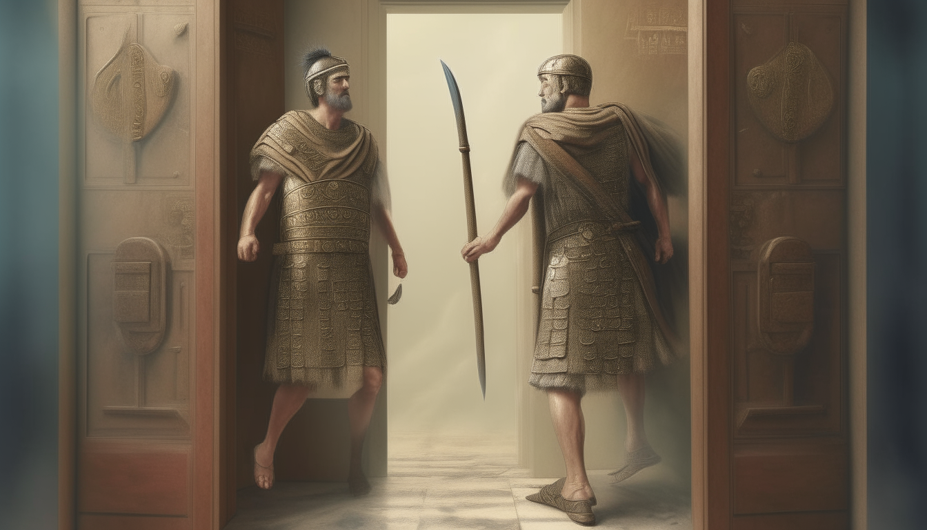 Two Roman men with tunic and mantle carrying gladius swords approach an ornate wooden door. They raise their boots and kick repeatedly, cracking the door until it bursts open in a cloud of dust. Realistic colors, no helmets