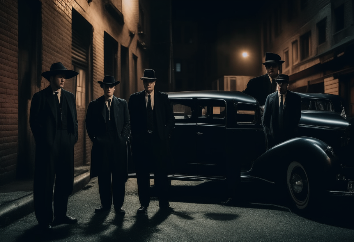 a group of well-dressed men in black suits and fedoras standing in front of a classic car in an alleyway at night, film noir style