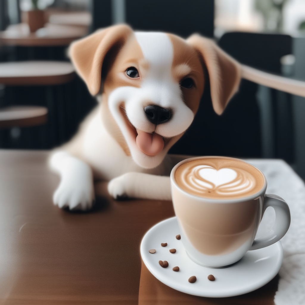 a happy puppy drinking a latte with heart-shaped foam art in a cup on a table