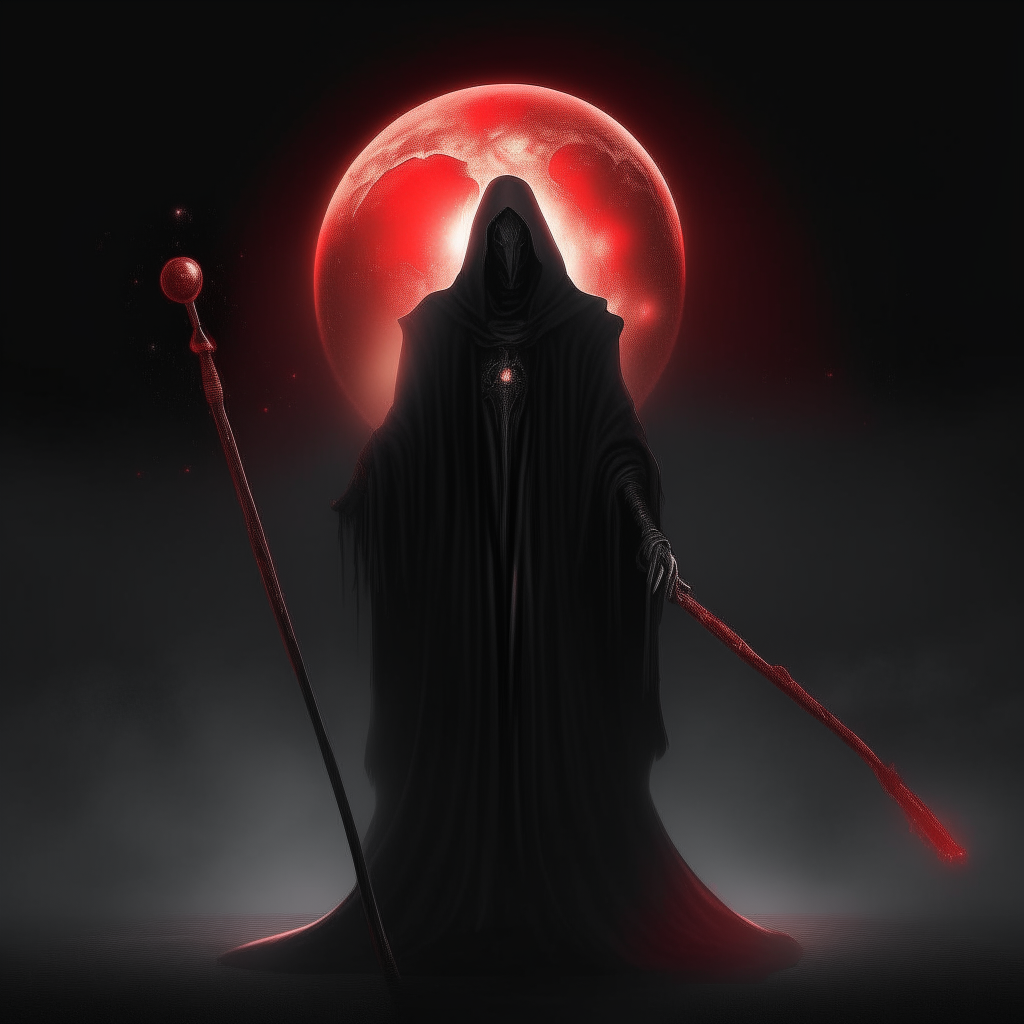 a sinister man in a black cloak, standing in front of a full moon, holding a staff topped with a glowing red orb