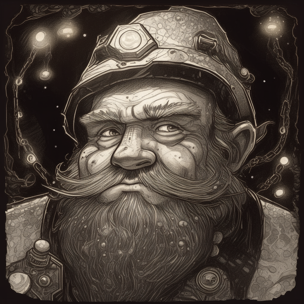 A detailed pen and ink portrait of a hardy dwarven miner, his weathered features lit by the glow of gems and machinery.