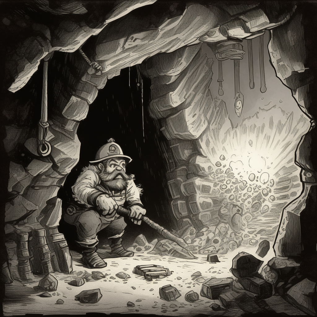 A pen and ink illustration showing a hardy dwarven miner working deep within the glittering cavern, his sturdy form silhouetted against gems along the rough-hewn walls as billows of steam rise from machinery in the background.