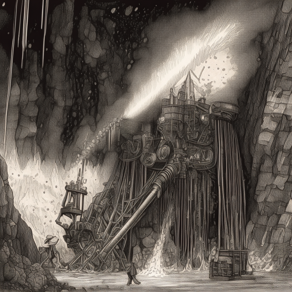 A detailed pen and ink illustration showing a towering steam-powered drill rig within the glittering cavern, its pistons pumping fiercely as a shower of sparks erupts from the drill bit grinding relentlessly into the gemstone-flecked earth.