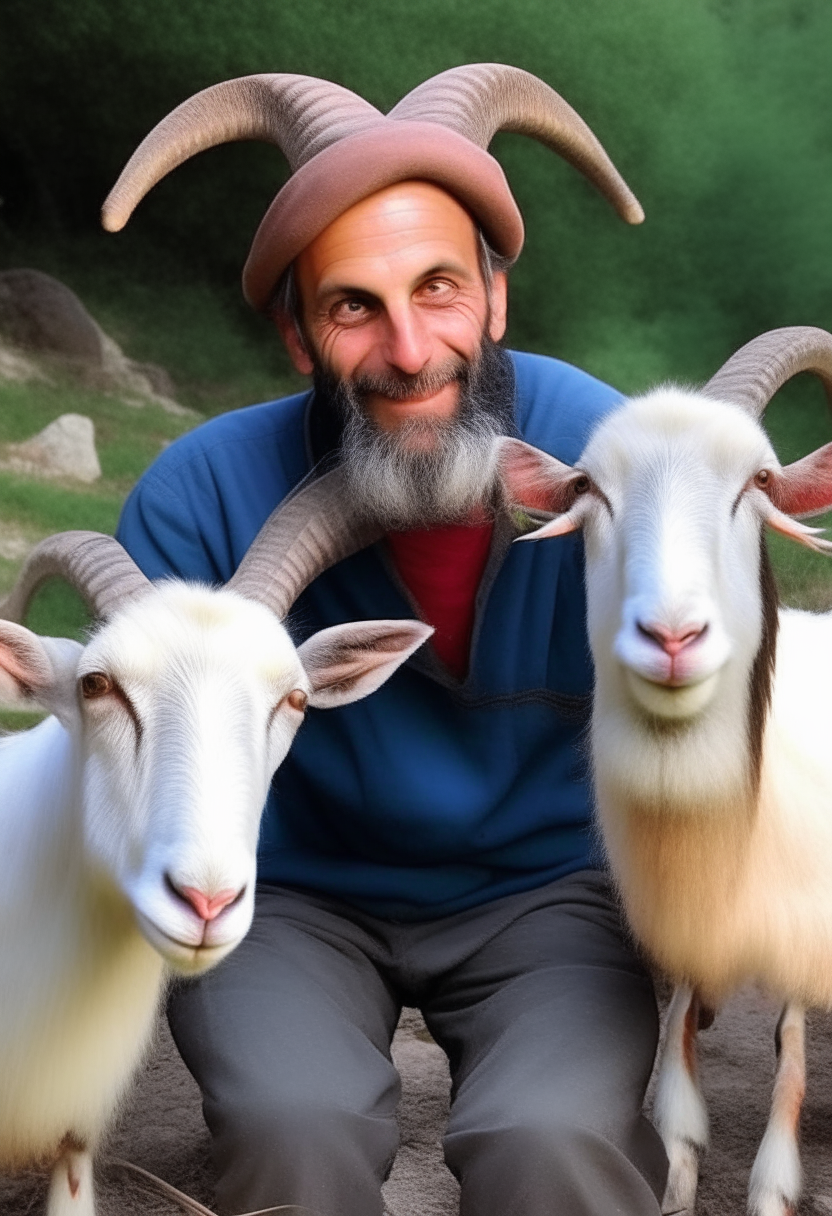  A funny man with  2 Goats 