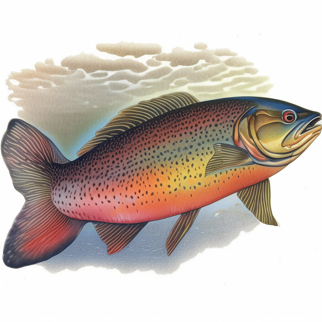 A detailed pen and ink diagram showing the silhouette of a large rainbow trout, its mostly clear skin shimmering with subtle rainbow patterns and color gradients as it drifts among gemstone-hued coral reefs.