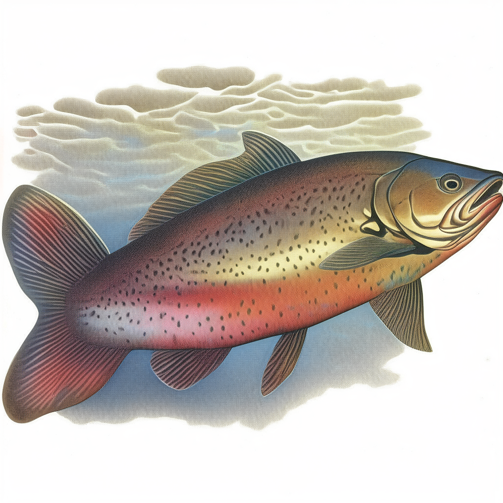 A detailed pen and ink diagram showing the translucent silhouette of a large rainbow trout, its mostly clear skin shimmering with very subtle rainbow patterns and color gradients as it drifts among gemstone-hued coral reefs.