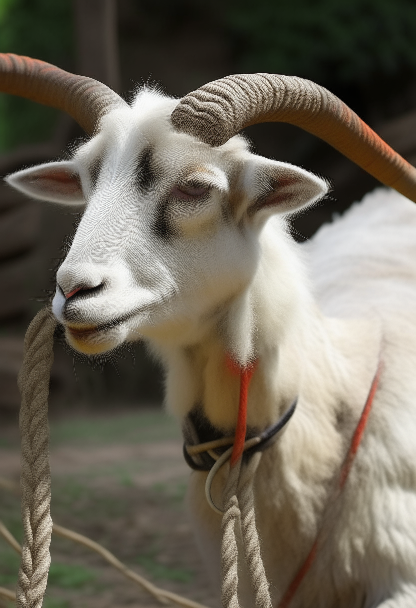A goat and a rope around his  neck