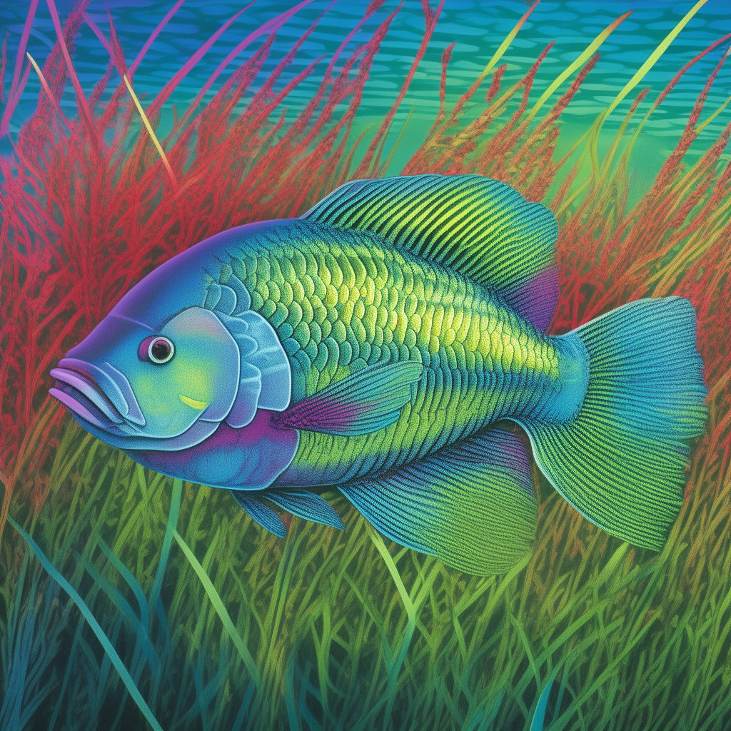 A brightly colored rainbow fish shimmers amidst subtle sea grasses, its scales shifting through the spectrum with each flick of its tail fins and flow of water around its streamlined form.