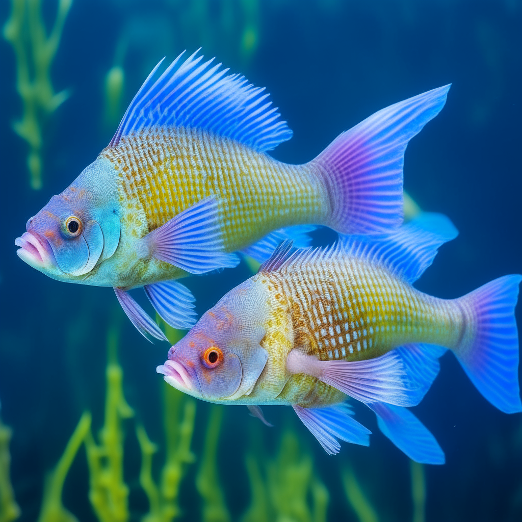 The brightly colored male rainbow fish is joined by its subtler female counterpart, her scales shifting in gentle pastel hues as they swim side by side.