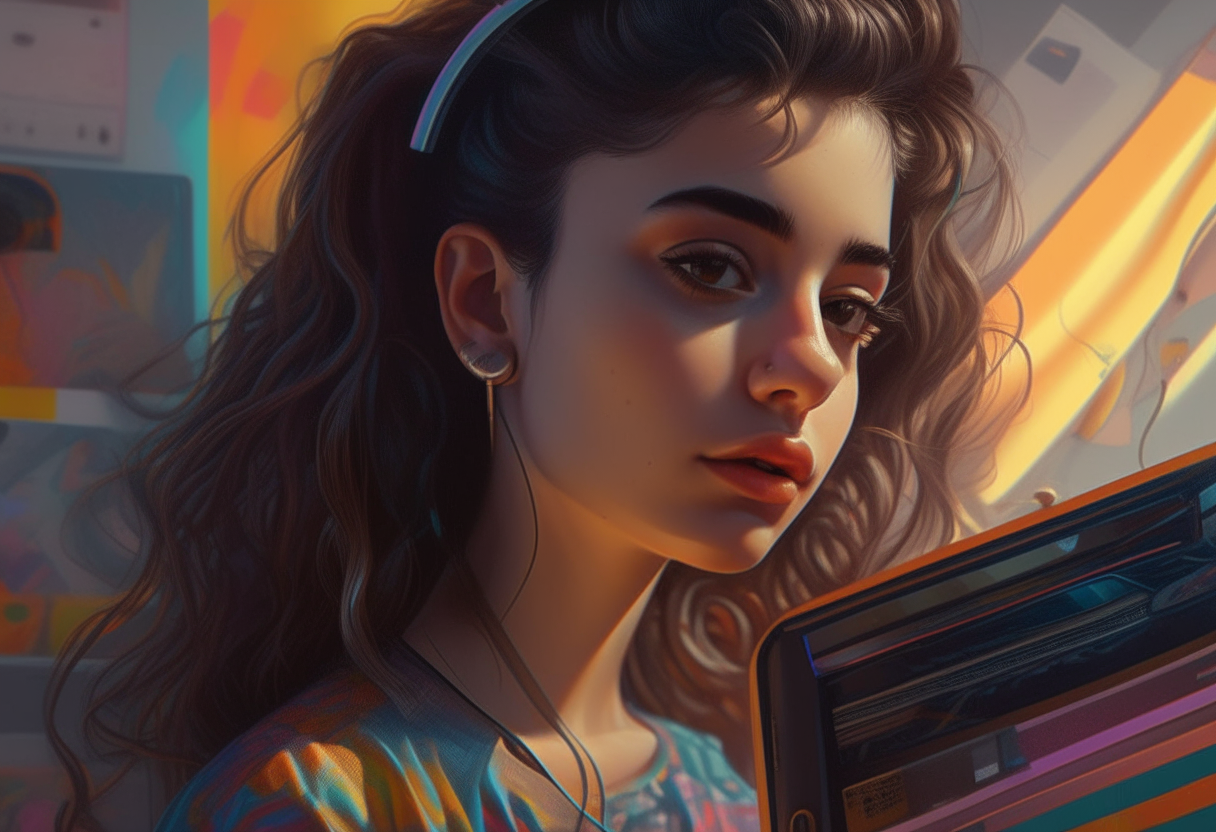 contemporary, digital art, illustration, oil, painting, acrylic paint, beautiful, delicate, intricate, geometric, vivid, cinematic lighting, colorful lighting, daylight, realistic lighting, dramatic lighting, upper body shot, Octane rendering, Photoshop, Zbrush rendering, 8k, hyper-realistic, highly detailed, film photography, sunny, Classic Lolita, Bohemian, Candycore, Cassette Futurism, Beatnik, Biker, Cozy Childhood Hideaway, Dionysism, Dreamy, Femme Fatale, Film Noir, French, Gen X Soft Club, Glam Rock, Grunge, a latin blond 11 year old girl holding a diabilic doll in her hands, she is standing in front of her class and classmates who remain in their seats paying atention to her, all the seats are ocupied by class mates 11 year old boys and girls