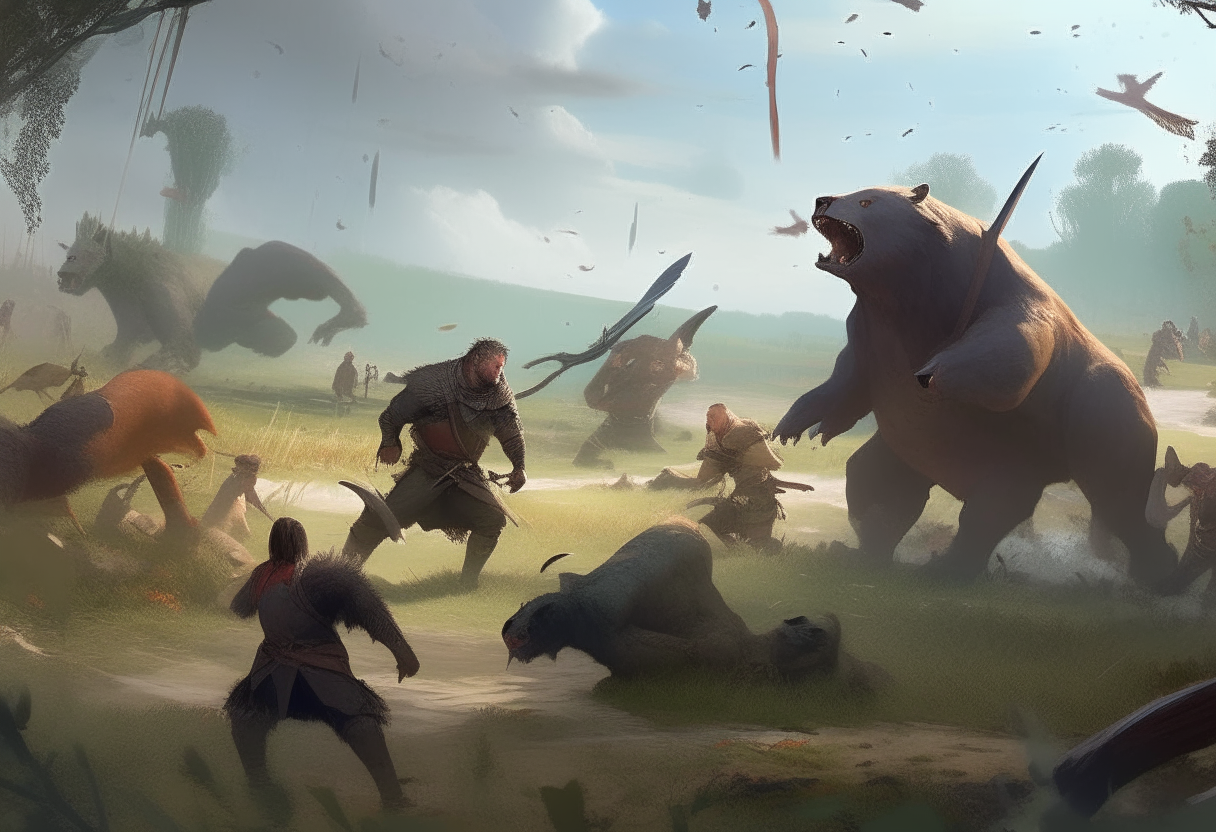 villagers fighting fierce creatures on a battlefield digital art trending on artstation