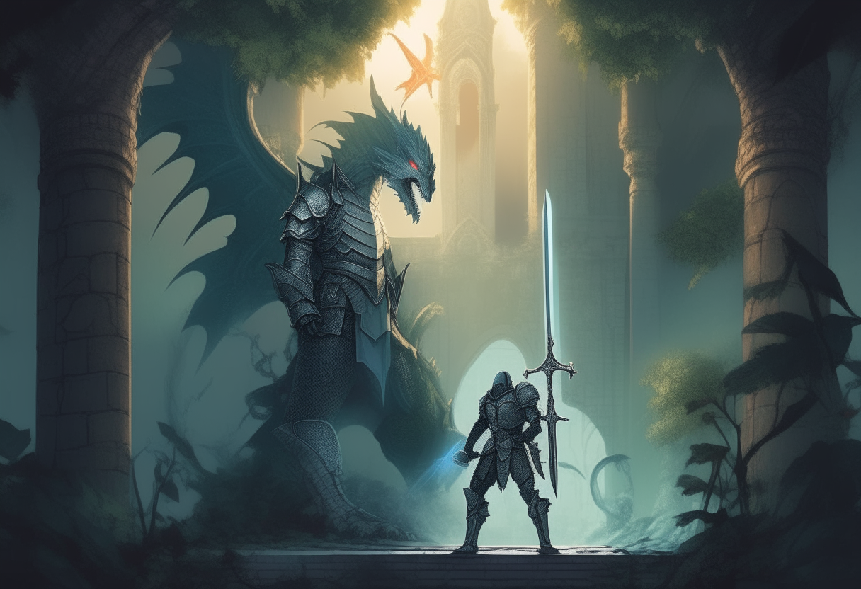 A lone knight in shining armor raising a glowing sword against a dragon in a mystical ruined temple overgrown with vines