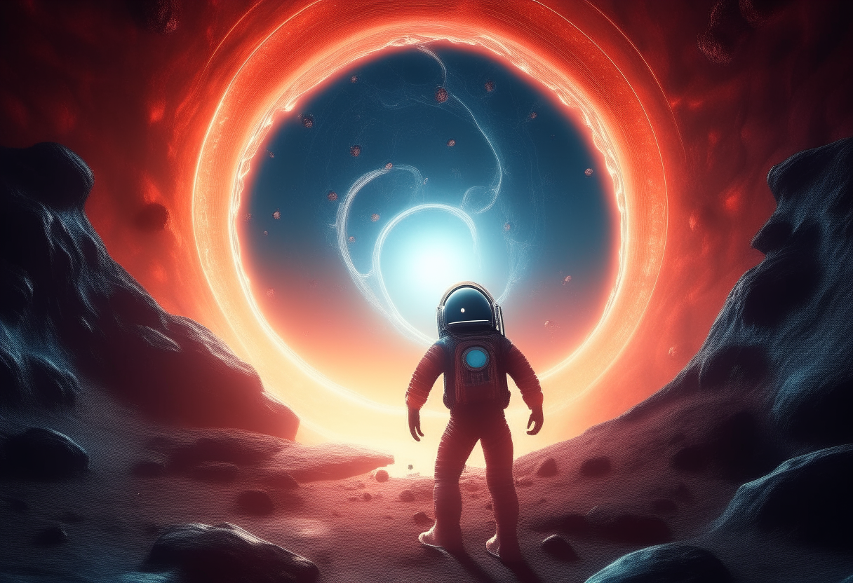 An astronaut exploring the surface of an alien planet, strange creatures emerging from a glowing portal in the sky