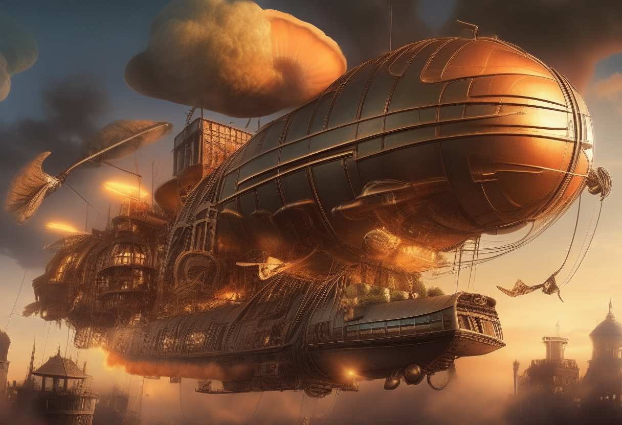 A steampunk airship firing lightning bolts at flying mechanical beasts over a futuristic cityscape