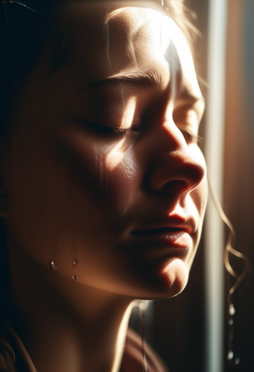 A close-up portrait of a woman with tears running down her face, eyes closed, lit dramatically from the side by a window with rays of light streaming through