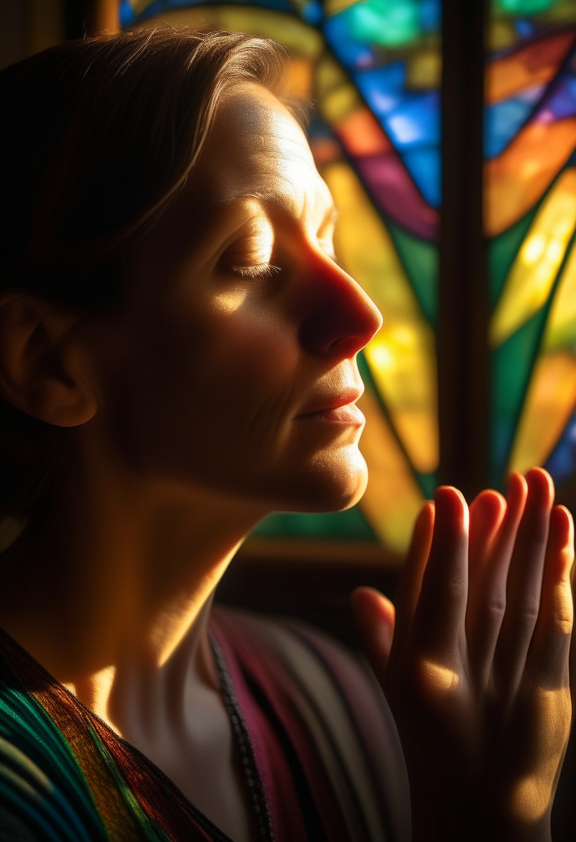 A close-up portrait of a woman with eyes closed and hands clasped, lit dramatically from the side by a stained glass window with rays of colorful light streaming through.