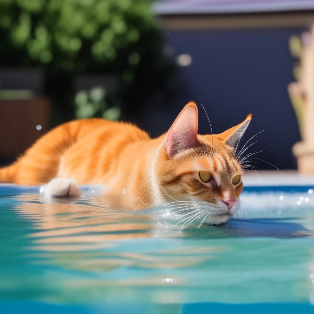A playful orange tabby cat swimming in a backyard pool on a sunny summer day