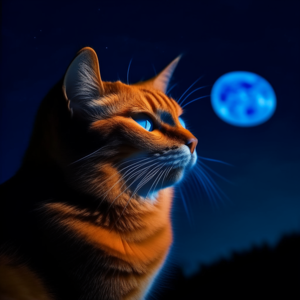 Un gato anaranjado sentado en una media luna de color azul oscuro, columpiándose suavemente hacia adelante y hacia atrás, con el fondo de un cielo nocturno estrellado