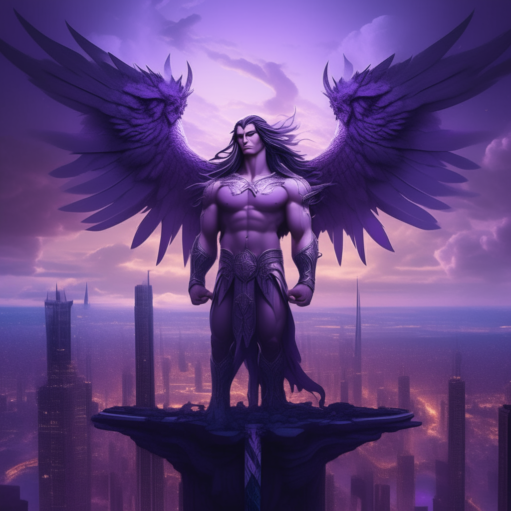 An image of a beautiful, muscular god with long hair and wings, standing proudly atop a floating city of crystal spires with a purple sky in the background.