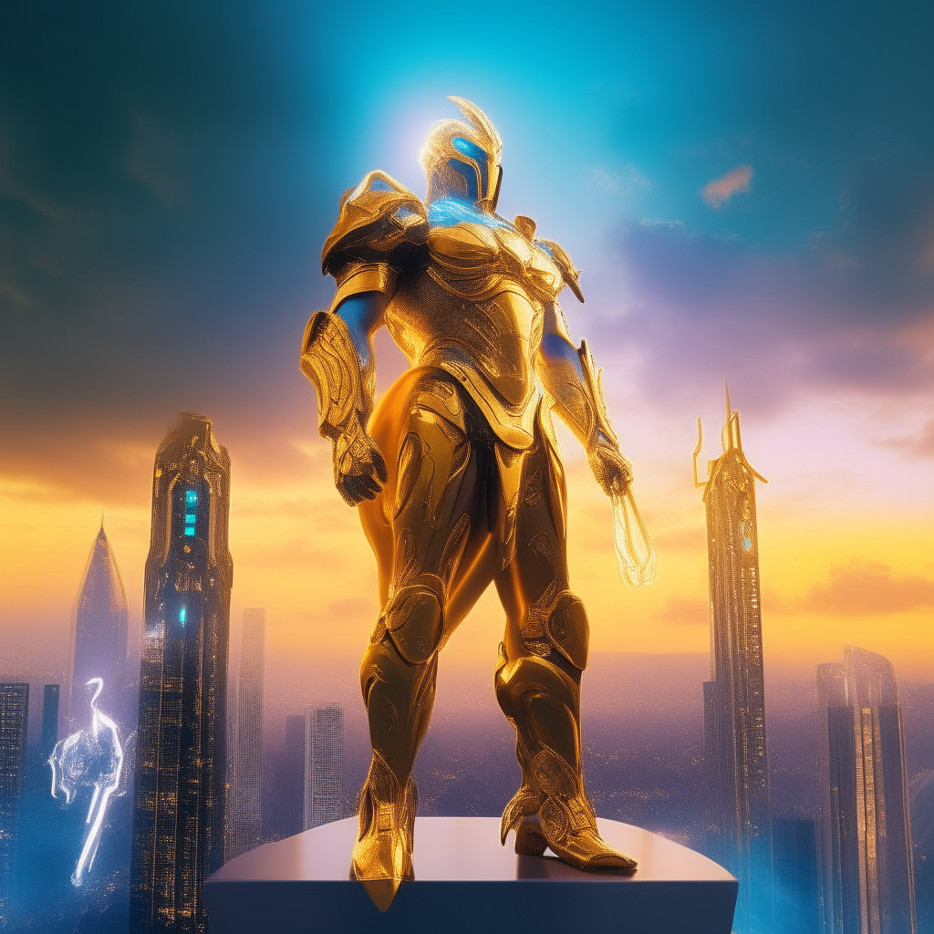 Another image of a handsome god with golden armor, standing on a cloud overlooking a futuristic city at dusk, with neon lights illuminating the architecture below.