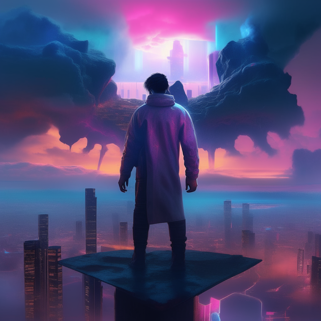 A more realistic version of the first image, with a rugged god standing on a floating island amidst storm clouds, overlooking a sprawling futuristic city at dusk, its neon lights illuminating the mist below.