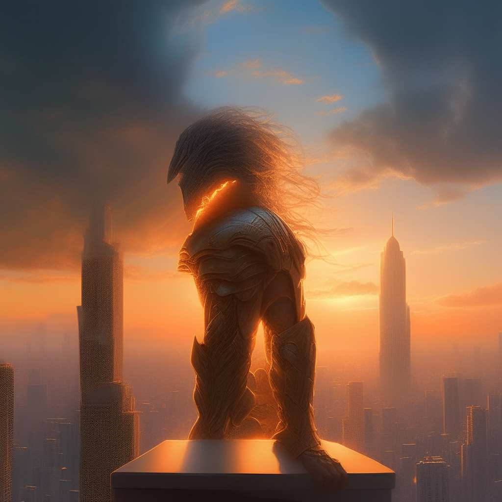 A realistic version of the second image, showing an armored deity with windswept hair overlooking a vast metropolis on the edge of clouds at sunset, the towering skyscrapers aglow in orange light against the darkening sky.