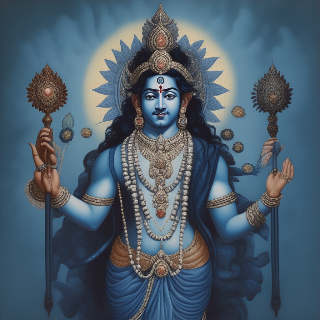 A portrait of the Hindu god Vishnu with dark blue skin, four arms holding a conch shell, discus, lotus flower and mace, adorned with a crown and jewelry, with long flowing black hair and a beard.