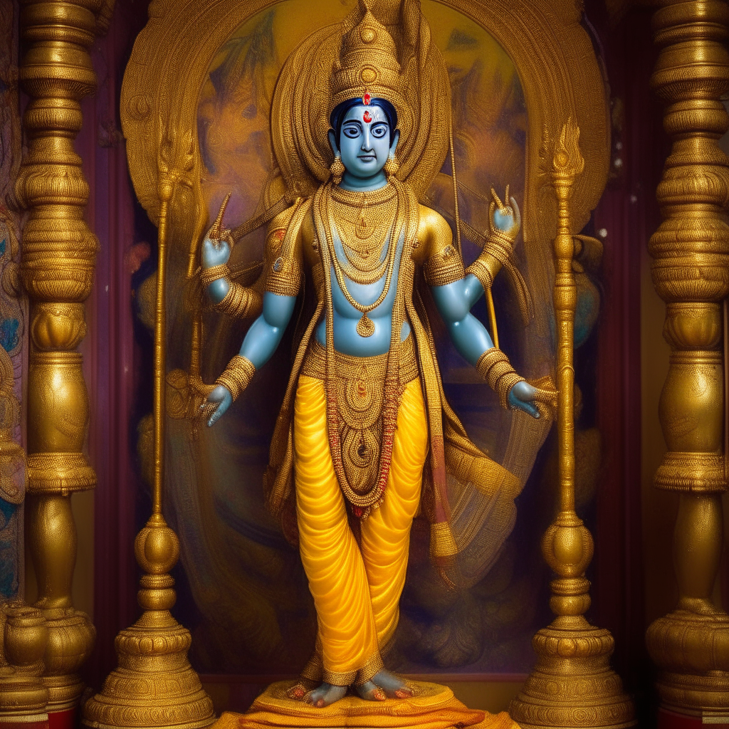 Another image of Vishnu in the same regal pose, with glistening golden armor and a yellow dhoti cloth, standing proudly before a backdrop of colourful Hindu temple architecture.