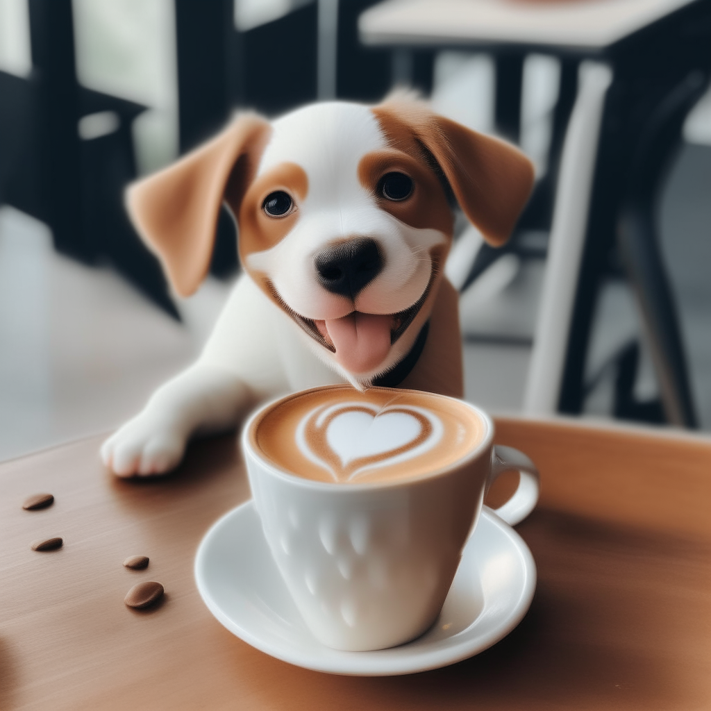 a happy puppy drinking a latte with heart-shaped foam art in a cup on a table