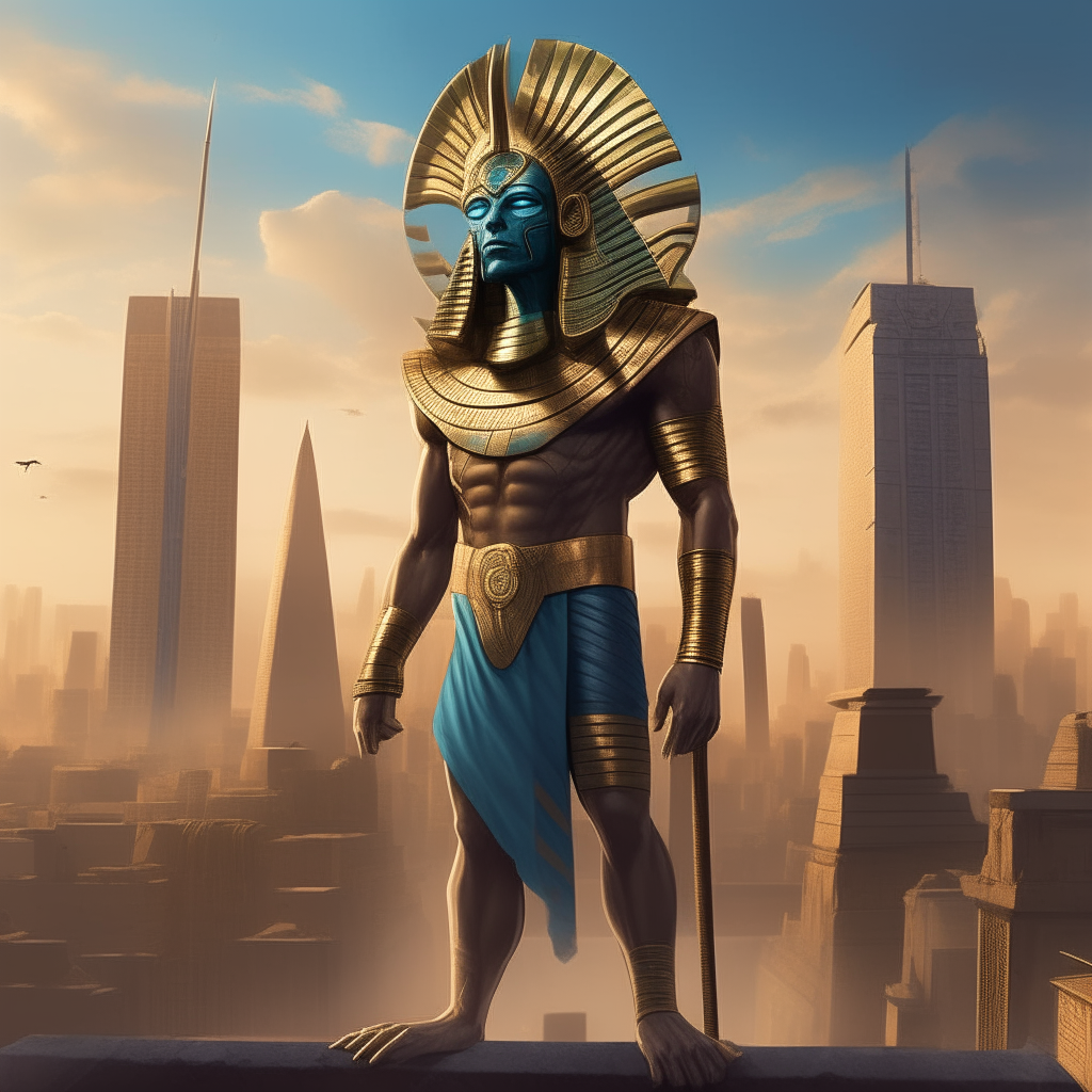 a powerful Egyptian god standing proudly in the foreground, with a modern, detailed city in the background