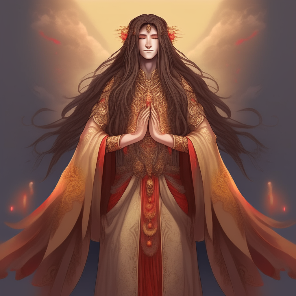 A beautiful god with long flowing hair, radiant skin and regal clothing, standing proudly with their hands at their sides