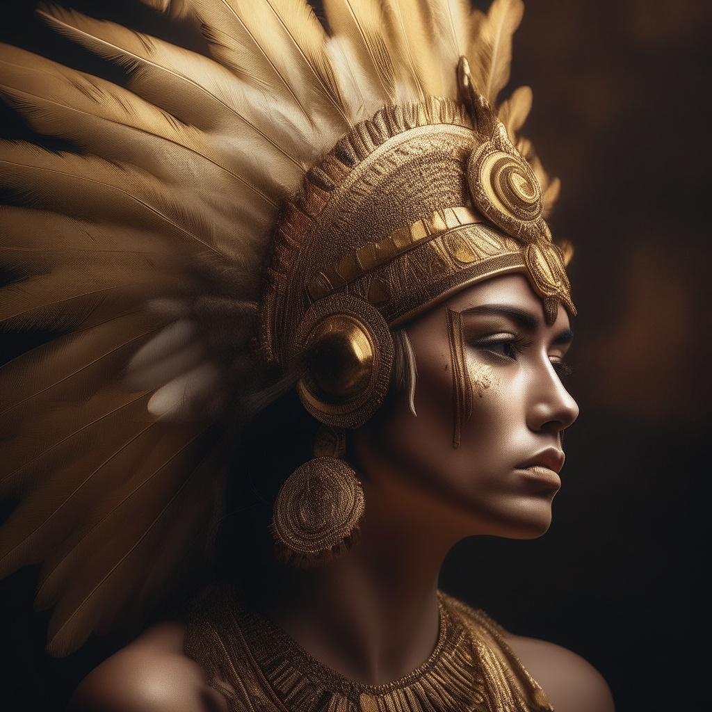 A beautiful god adorned with gold jewelry and a feathered headdress, their eyes gazing into the distance with wisdom and power