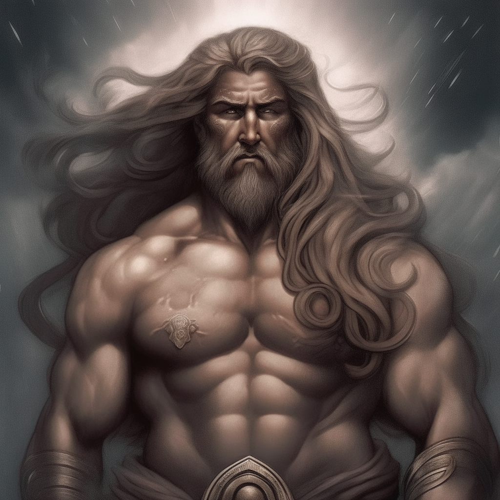 A god of great strength and beauty, with rippling muscles and long flowing hair, their eyes gazing fiercely into the distance