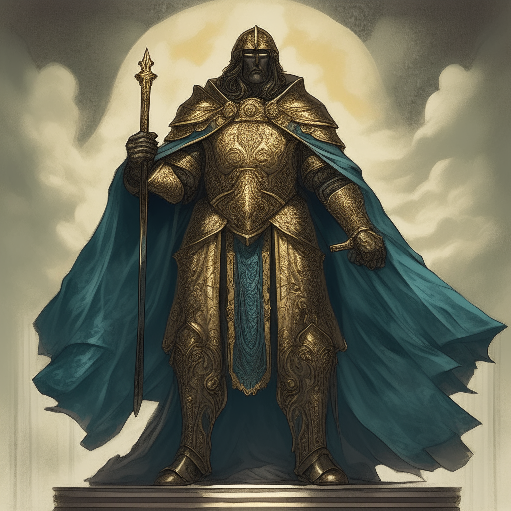 A mighty god adorned with armor and weapons, their handsome face framed by a flowing cape, standing proudly with one hand on their hip