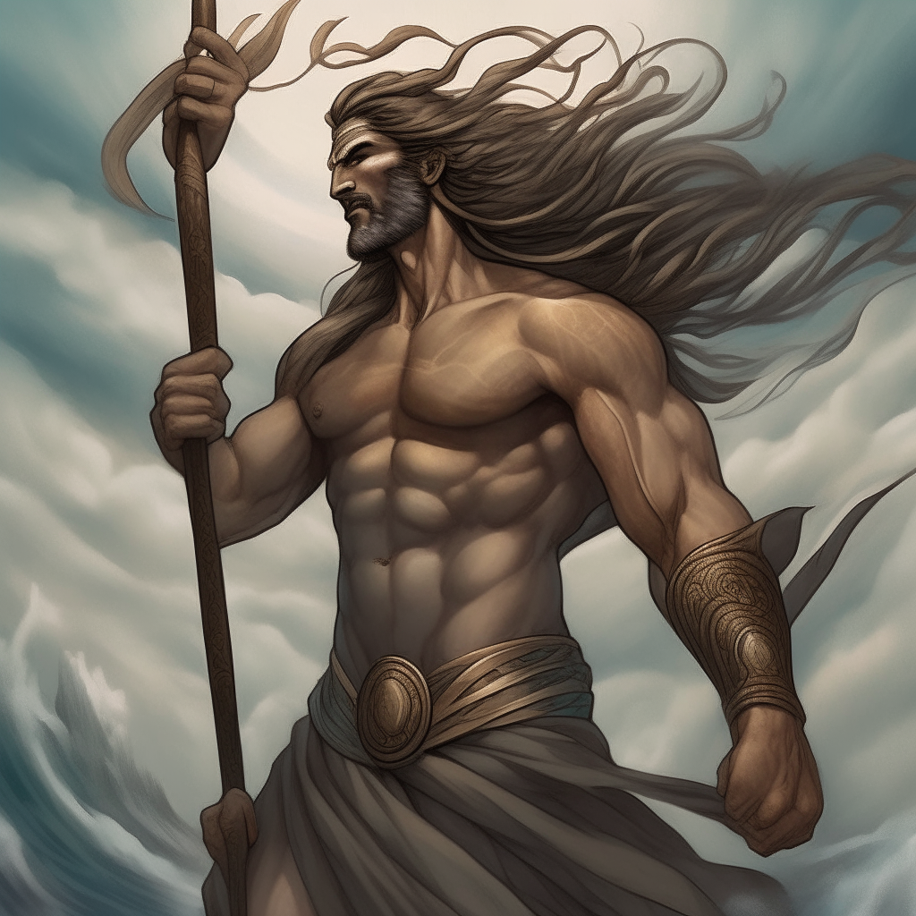 A god with rippling muscles and a handsome face, their long hair blowing in the wind as they hold a mighty spear