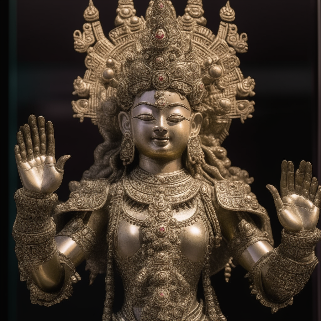 A divine figure adorned with ornate armor and jewelry, their features chiseled yet kind as they offer a blessing with one hand raised